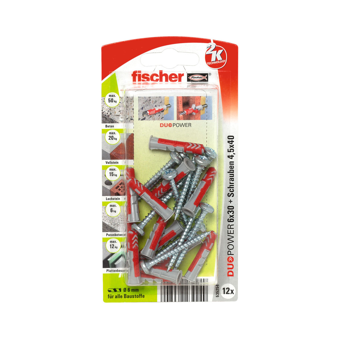 Fischer  Dübel DuoPower 6 x 30 mm mit Schraube 12 Stück Bild 1