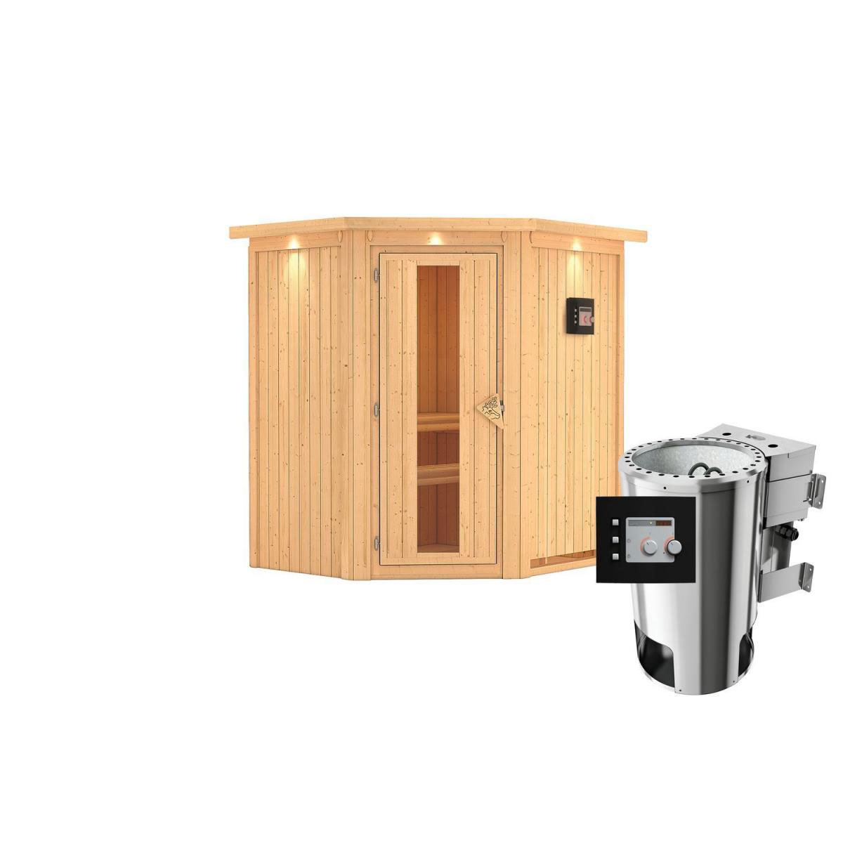 Karibu Sauna Tonja Eckeinstieg 3,6 kW Bio Ofen externe Strg modern mit Kranz Energiespartür Bild 1