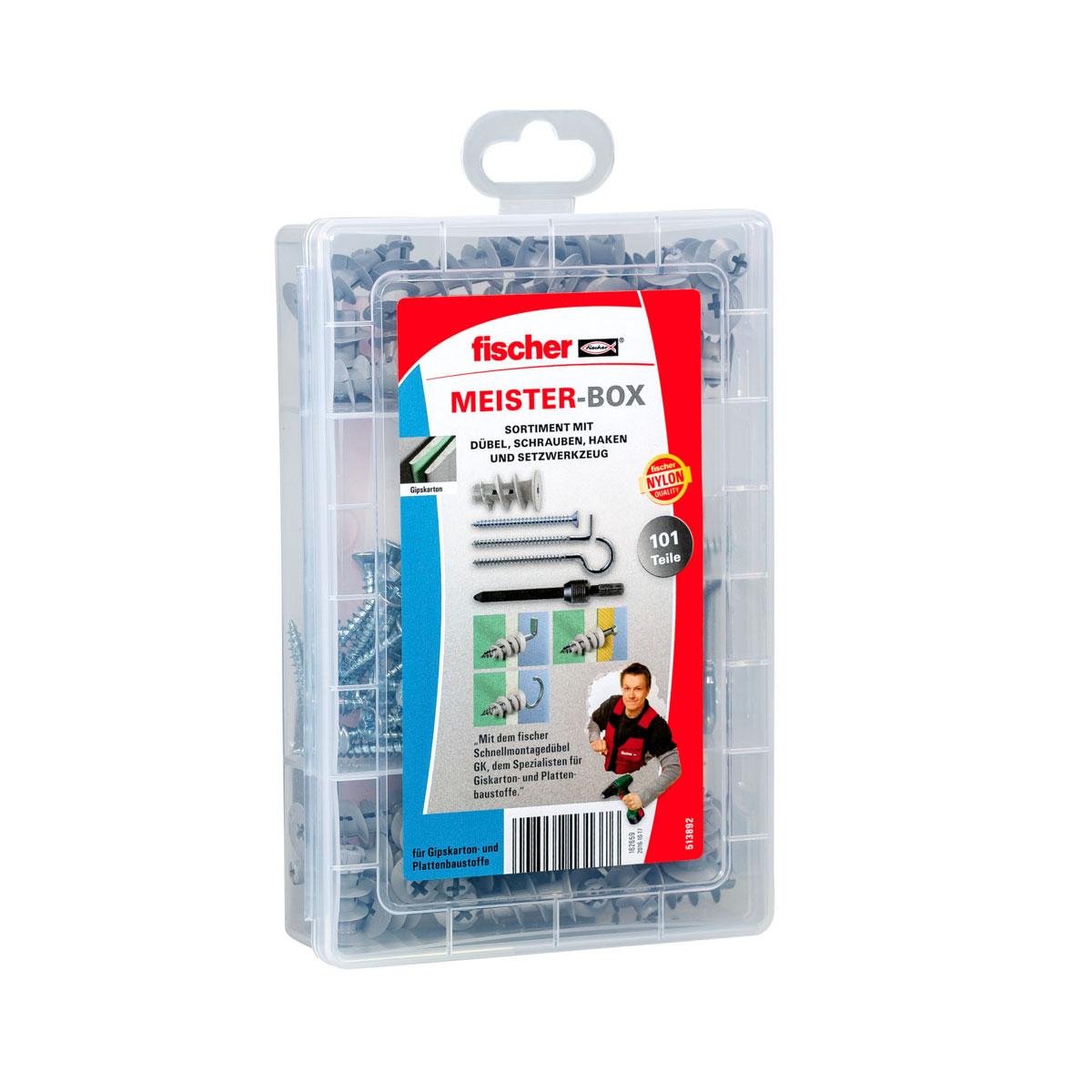 Fischer  Sortimentsbox mit Gipskartondübeln Schrauben und Haken 100-teilig