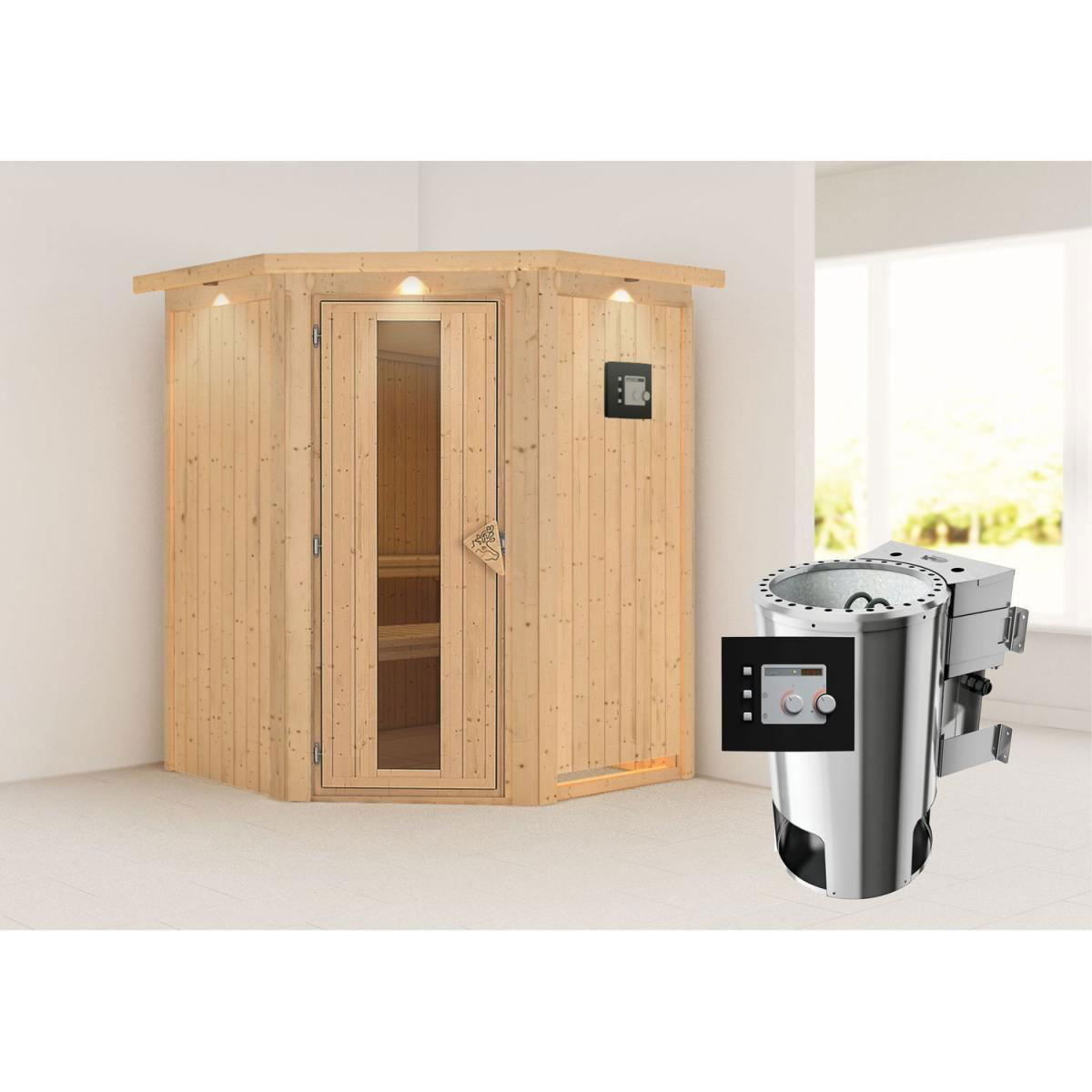 Karibu Sauna Nanja Eckeinstieg 3,6 kW Bio Ofen externe Strg modern mit Kranz Energiespartür Bild 7