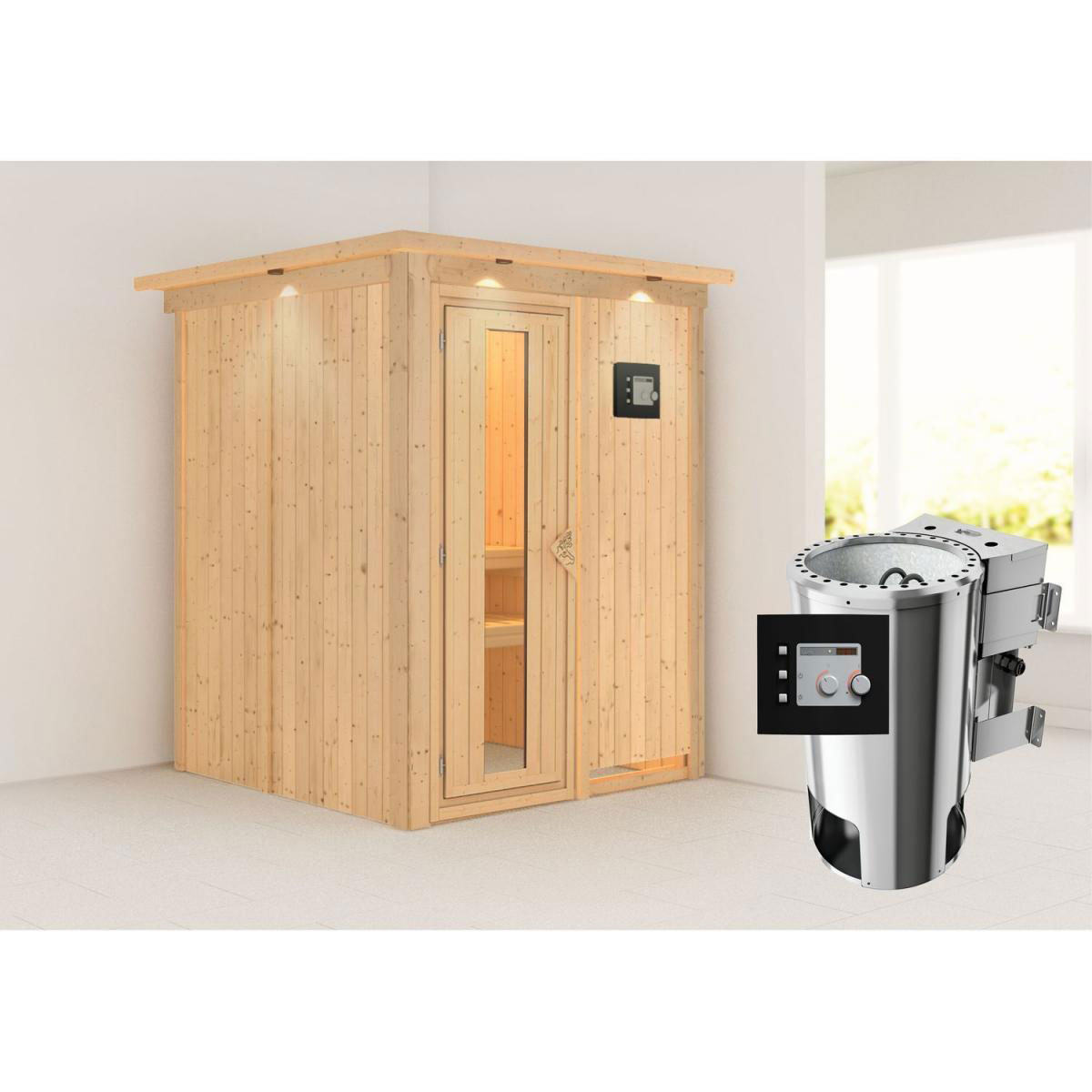 Karibu Sauna Minja Fronteinstieg 3,6 kW Bio Ofen externe Strg modern mit Kranz Energiespartür Bild 7