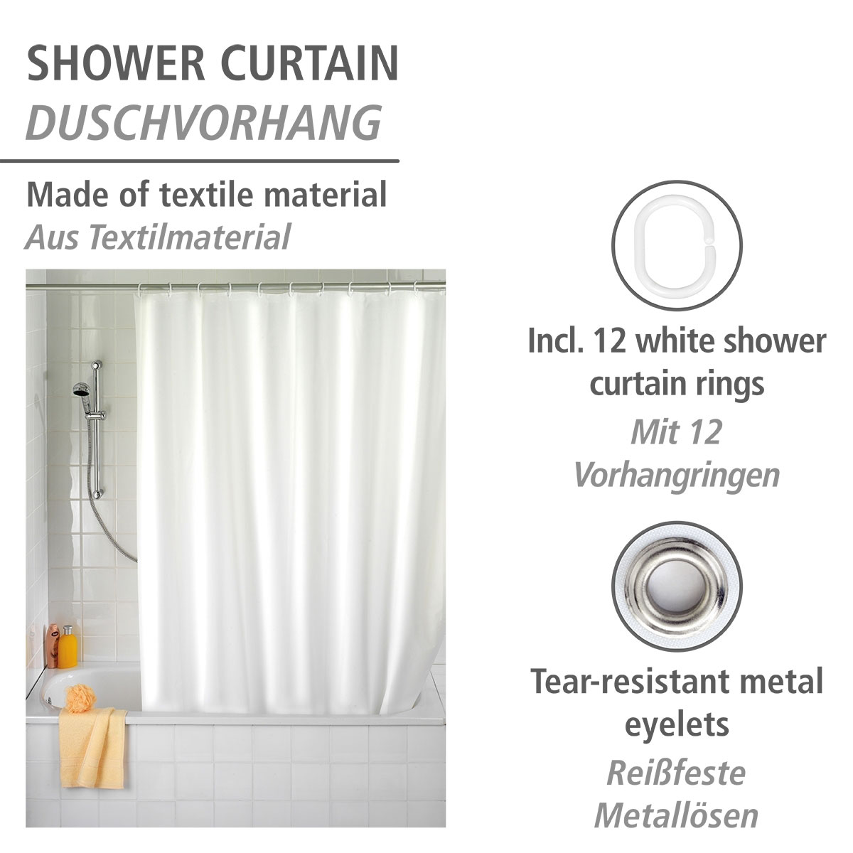 Wenko  Duschvorhang Uni Weiß Textil Polyester 180 x 200 cm waschbar Bild 2