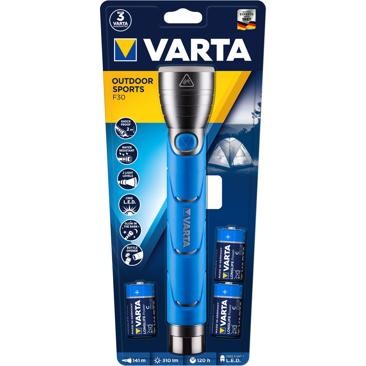 Varta LED-Taschenlampe Outdoor Sports F30 mit Batterien blau Bild 3