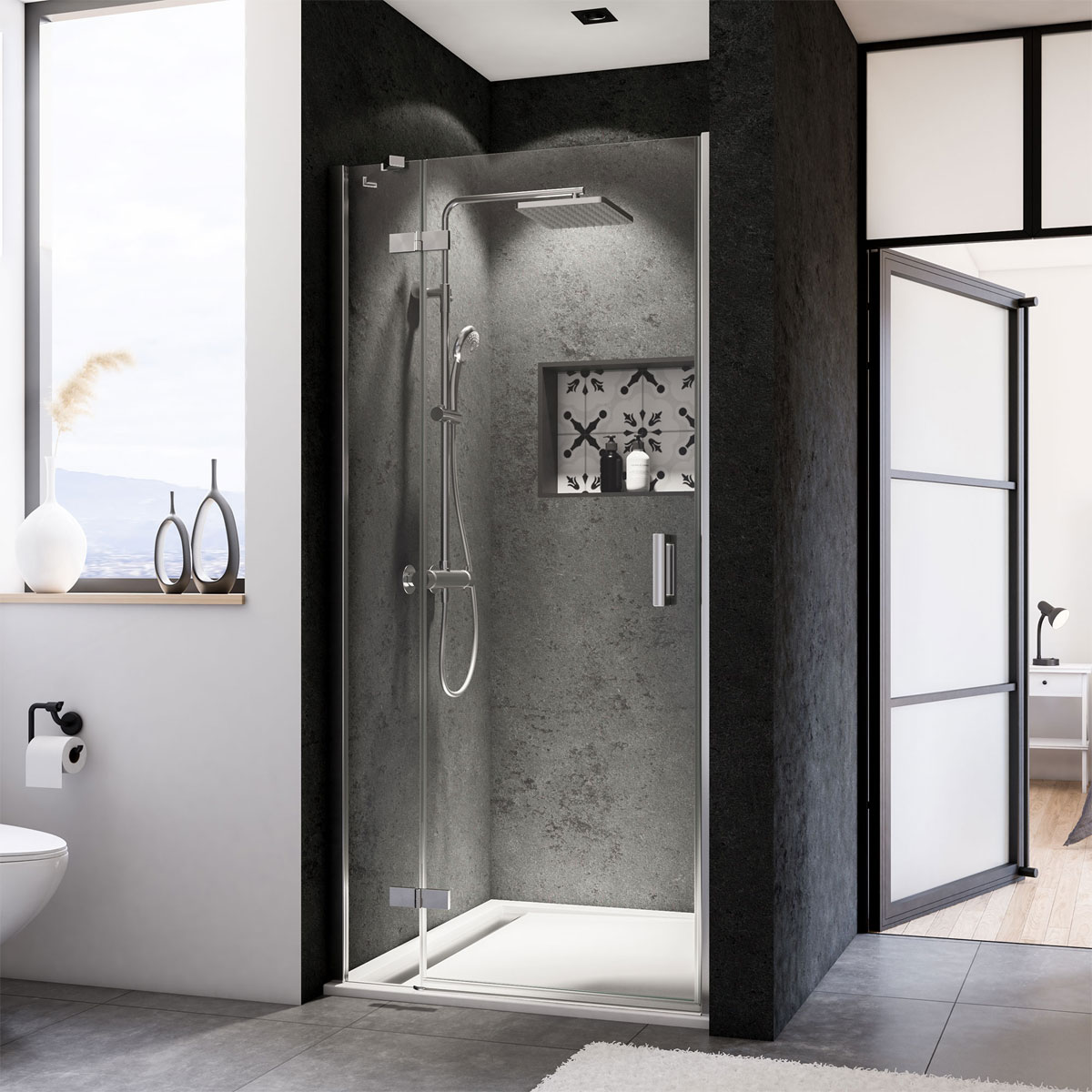 Breuer  Drehtür mit Festteil Panorama für Nische Anschlag links schwarz matt Intima 800 mm