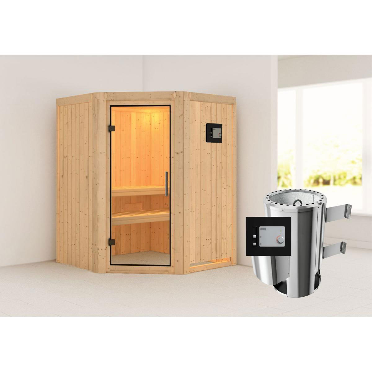 Karibu Sauna Nanja Eckeinstieg 3,6 kW Ofen externe Strg kein Kranz Klarglas-Tür Bild 6