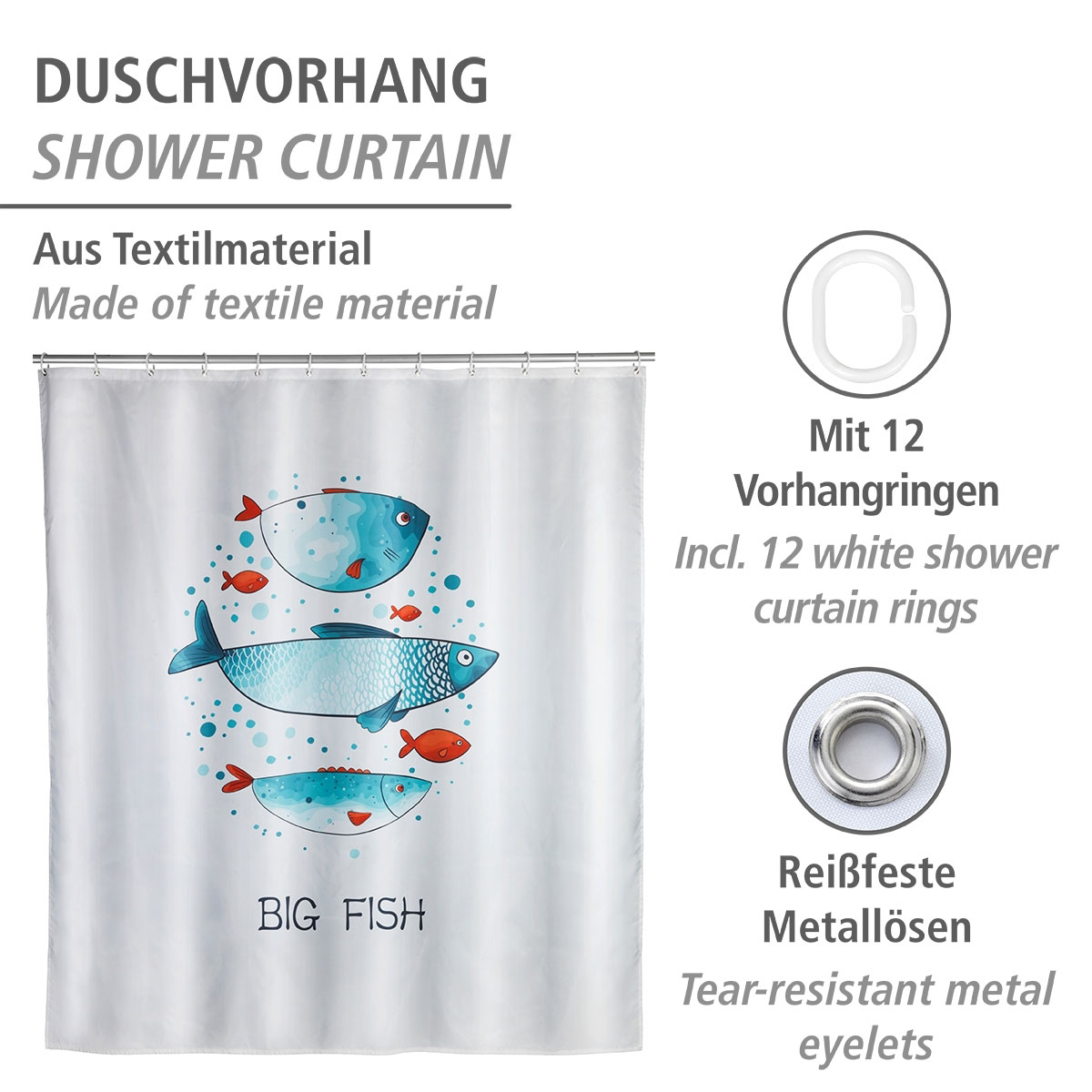 Wenko  Duschvorhang Big Fish Textil Polyester 180 x 200 cm waschbar Bild 2