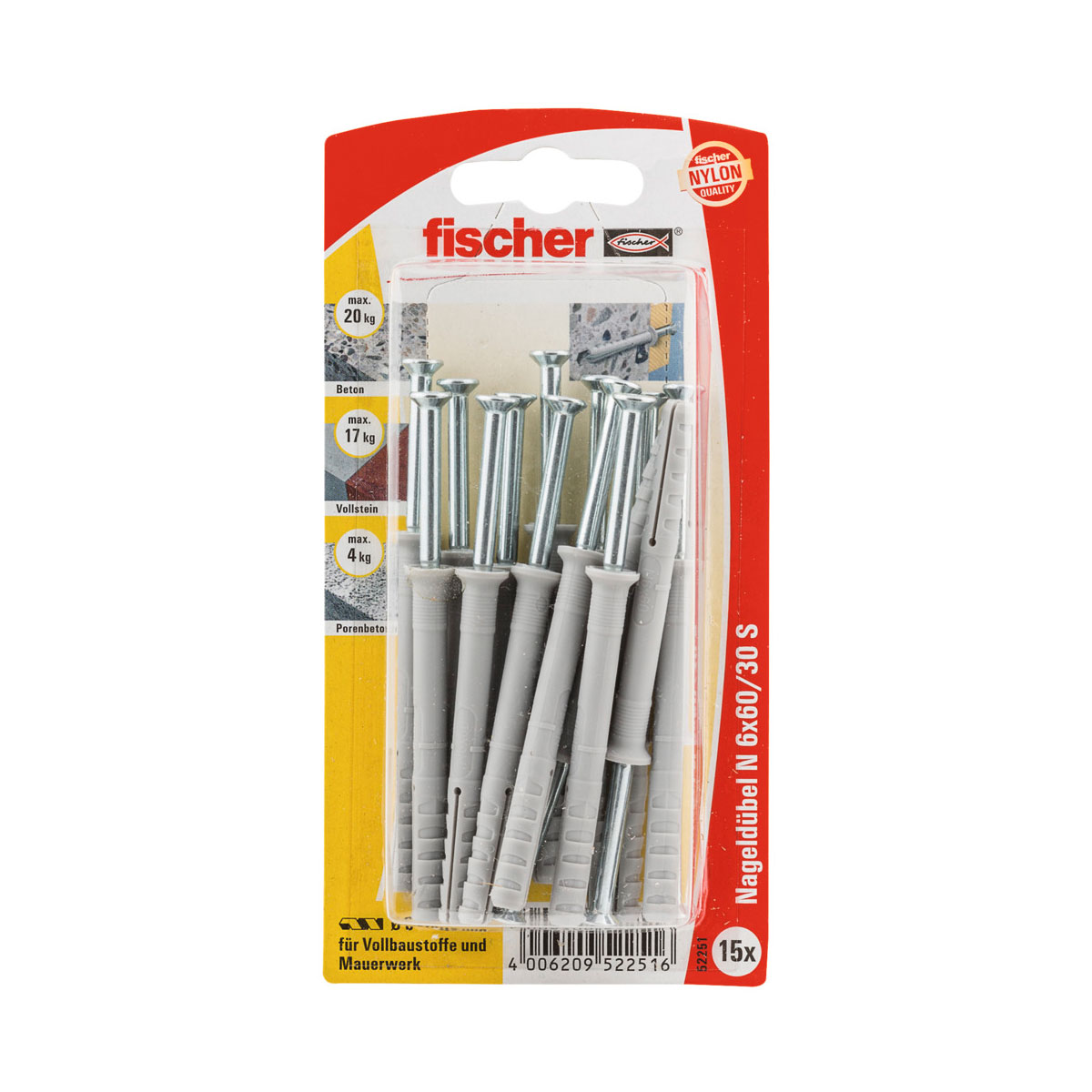Fischer  Nageldübel N 6 x 60/30 mm mit Schraube 15 Stück