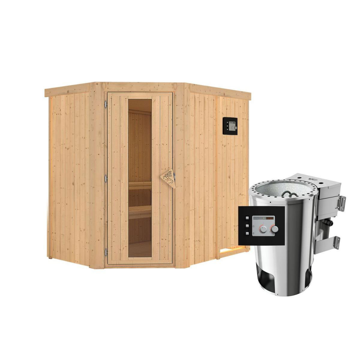 Karibu Sauna Saja Eckeinstieg 3,6 kW Bio Ofen externe Strg modern kein Kranz Energiespartür Bild 1