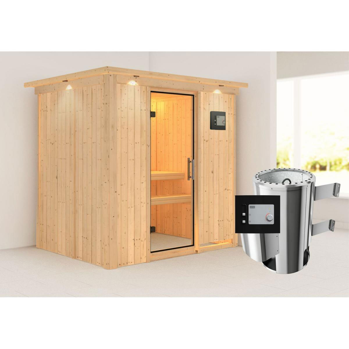 Karibu Sauna Fanja Fronteinstieg 3,6 kW Ofen externe Strg modern mit Kranz Klarglas-Tür Bild 8
