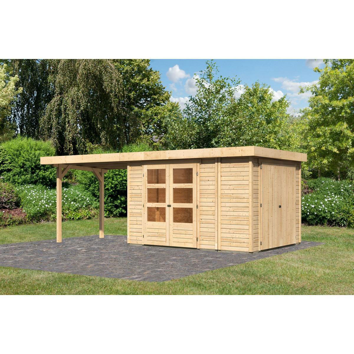 Karibu Gartenhaus Retola 4 inkl Anbauschrank und Anbaudach 2,80 Meter naturbelassen