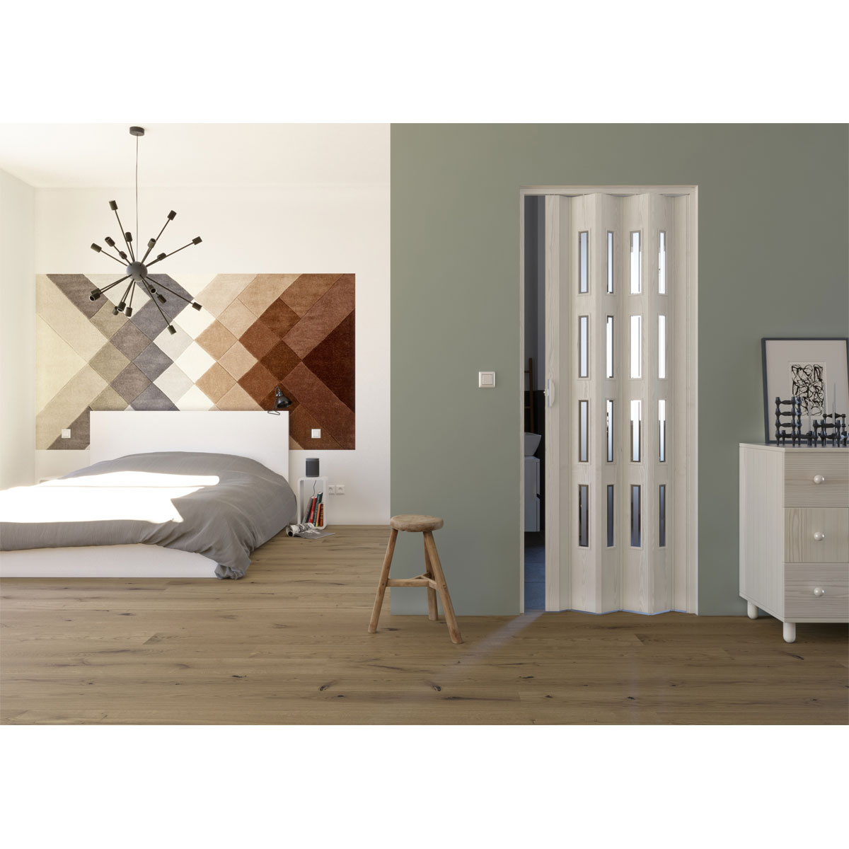 FORTE Kunststoff-Falttür Luciana B 88,5 x H 202 cm Eiche weiß 3 D 4 Fenster Bild 1