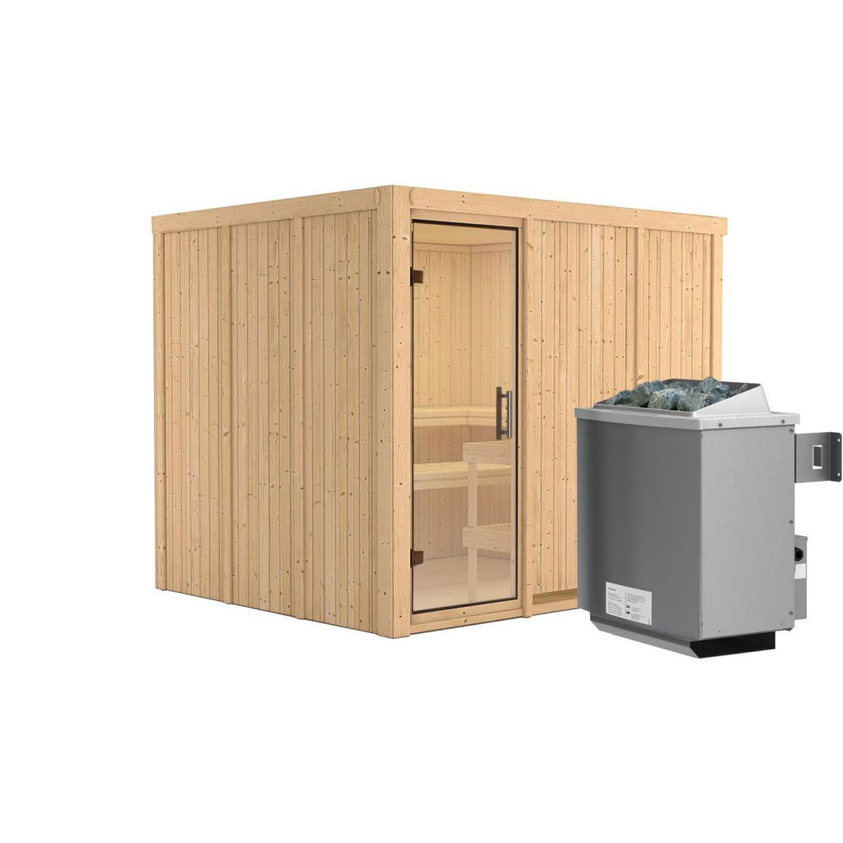 Karibu Sauna Gobin Fronteinstieg 9 kW Ofen integr Strg kein Kranz Klarglas-Tür Bild 1