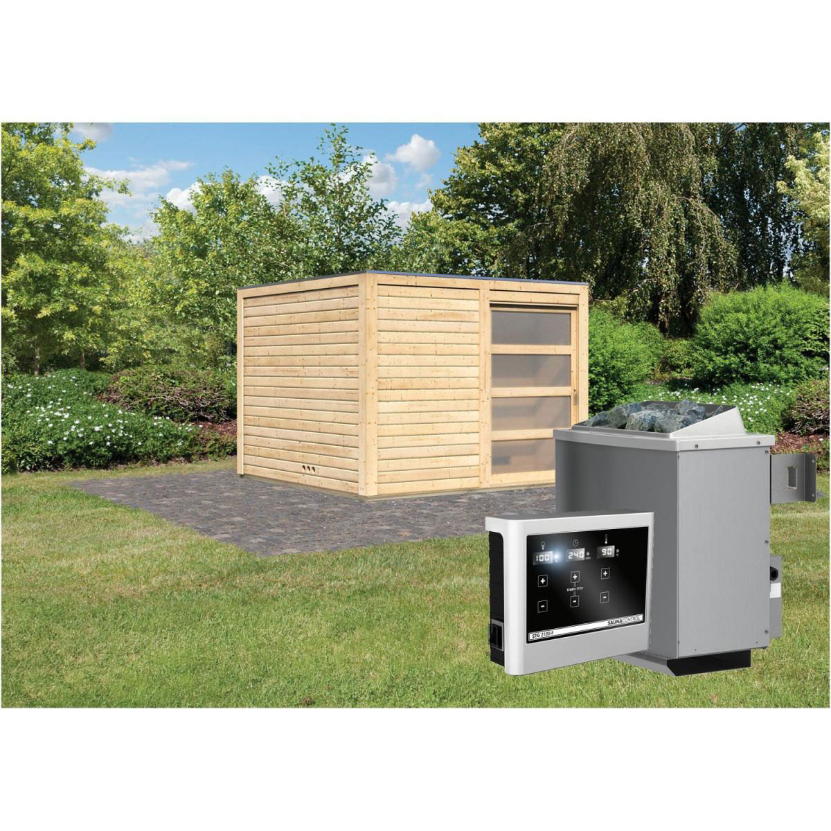 Karibu Saunahaus Cuben 38 mm Ofen 9kW externe St ohne Dachkranz Bild 1