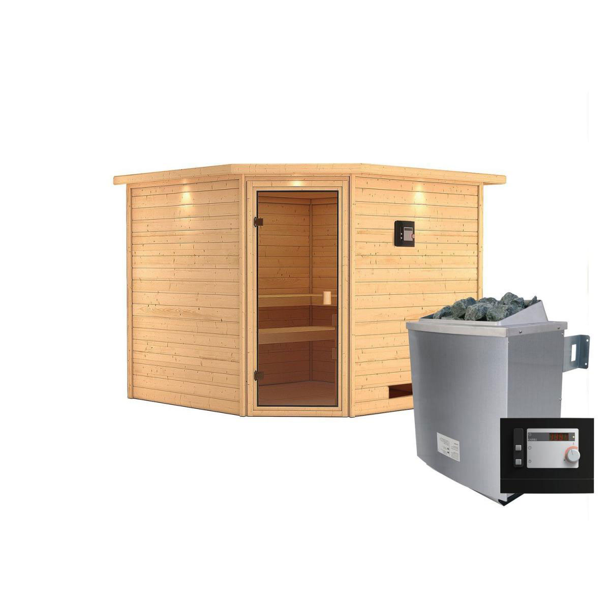 Karibu Sauna Leona Eckeinstieg 9 kW Ofen externe Strg modern mit Kranz bronzierte Glastür