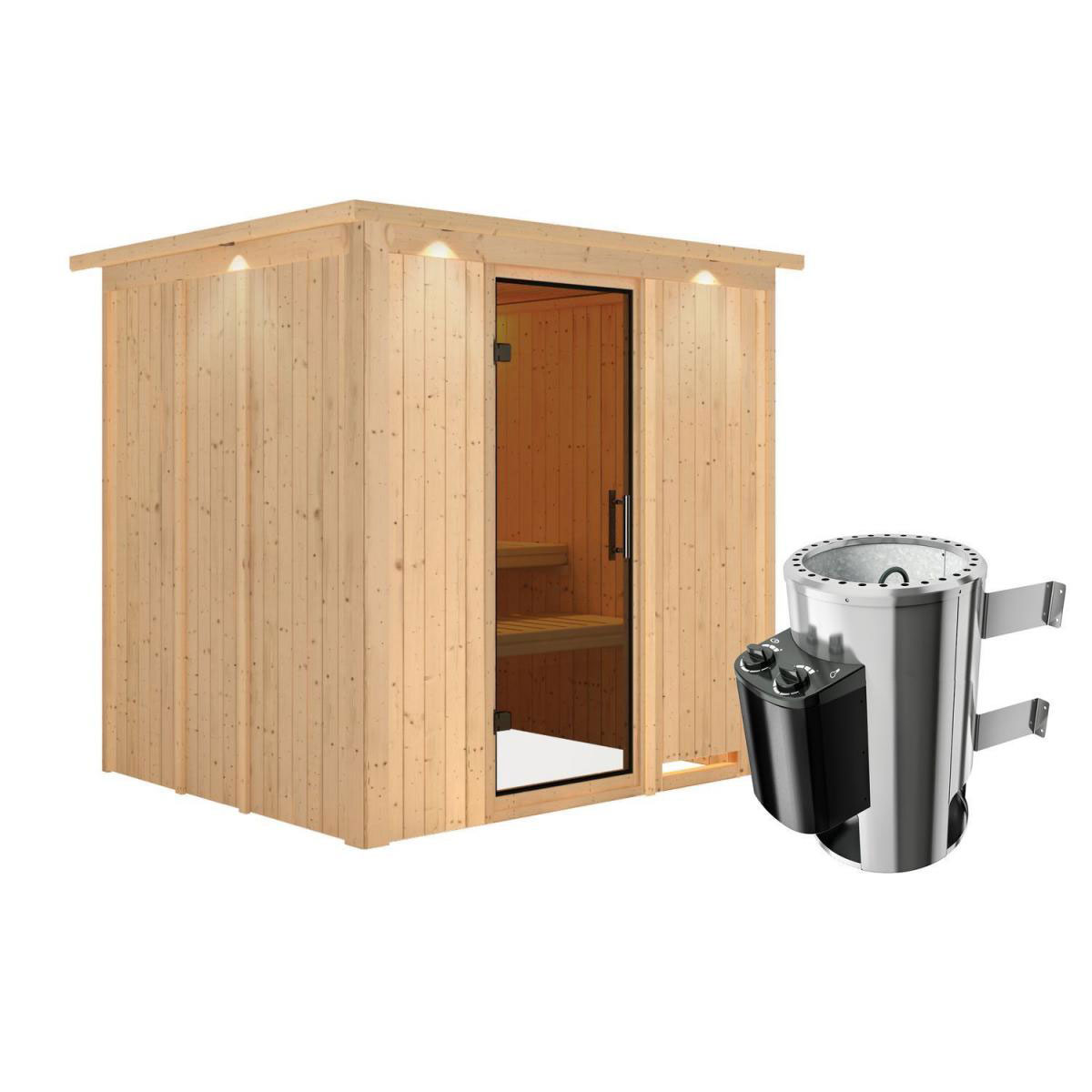 Karibu Sauna Daria Fronteinstieg 3,6 kW Ofen integr Strg mit Kranz graphitfarbene Glastür Bild 1