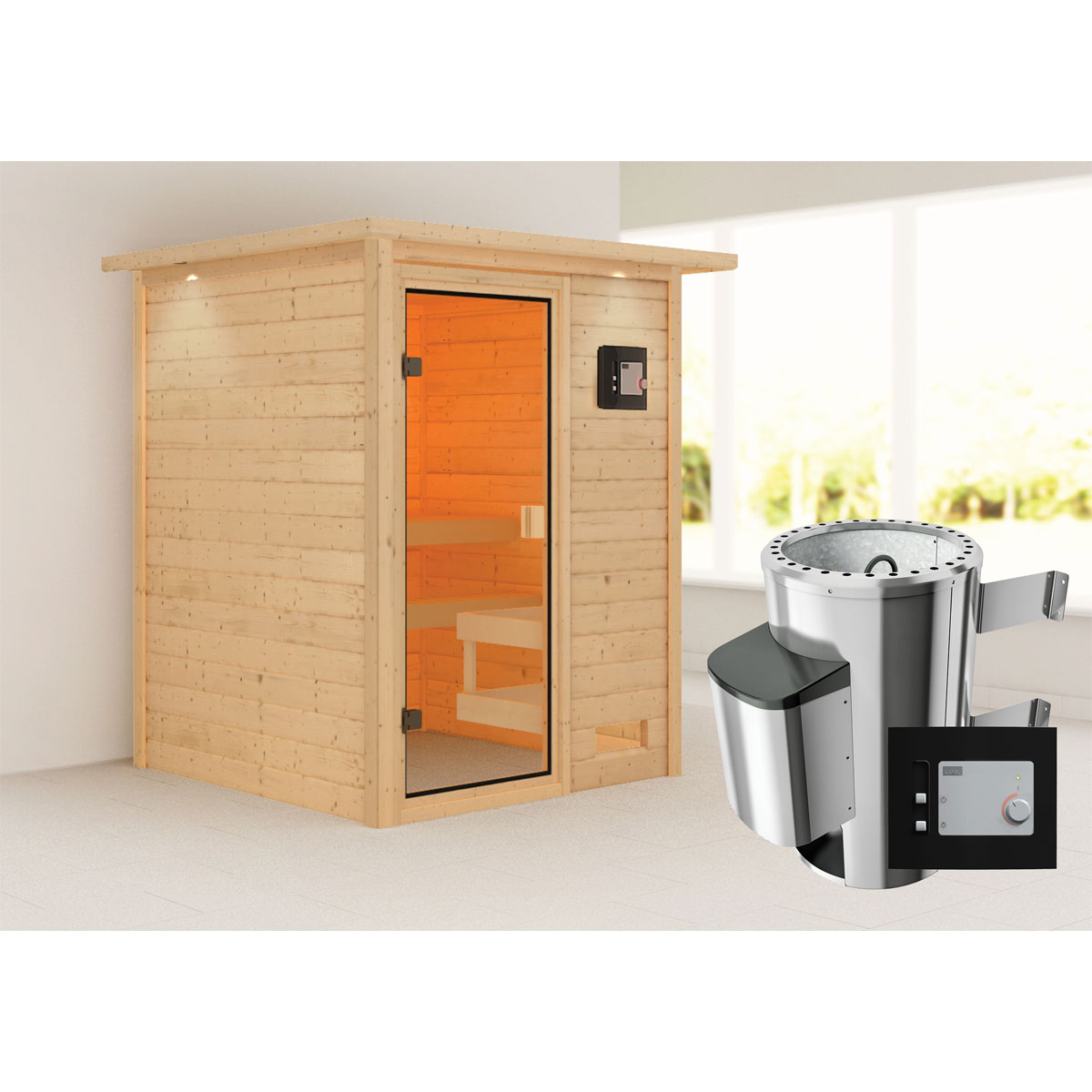Karibu Sauna Sandra 3,6 kW mit Kranz naturbelassen externe Steuerung Bild 1