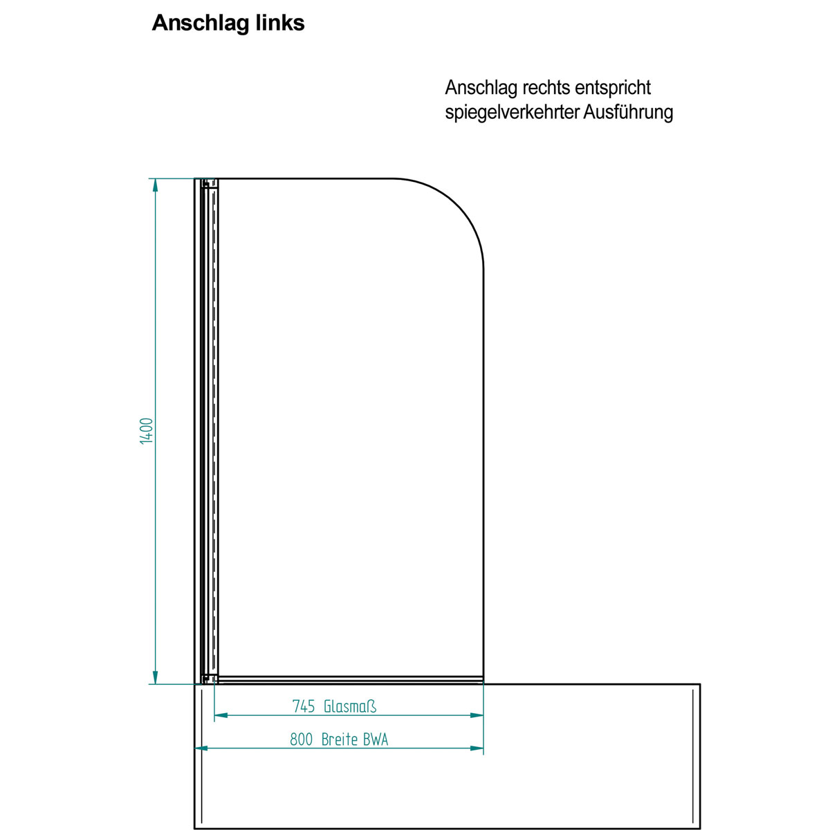 Ottofond Wannenaufsatz 1400 x 800 mm Echtglas Montage links Bild 2