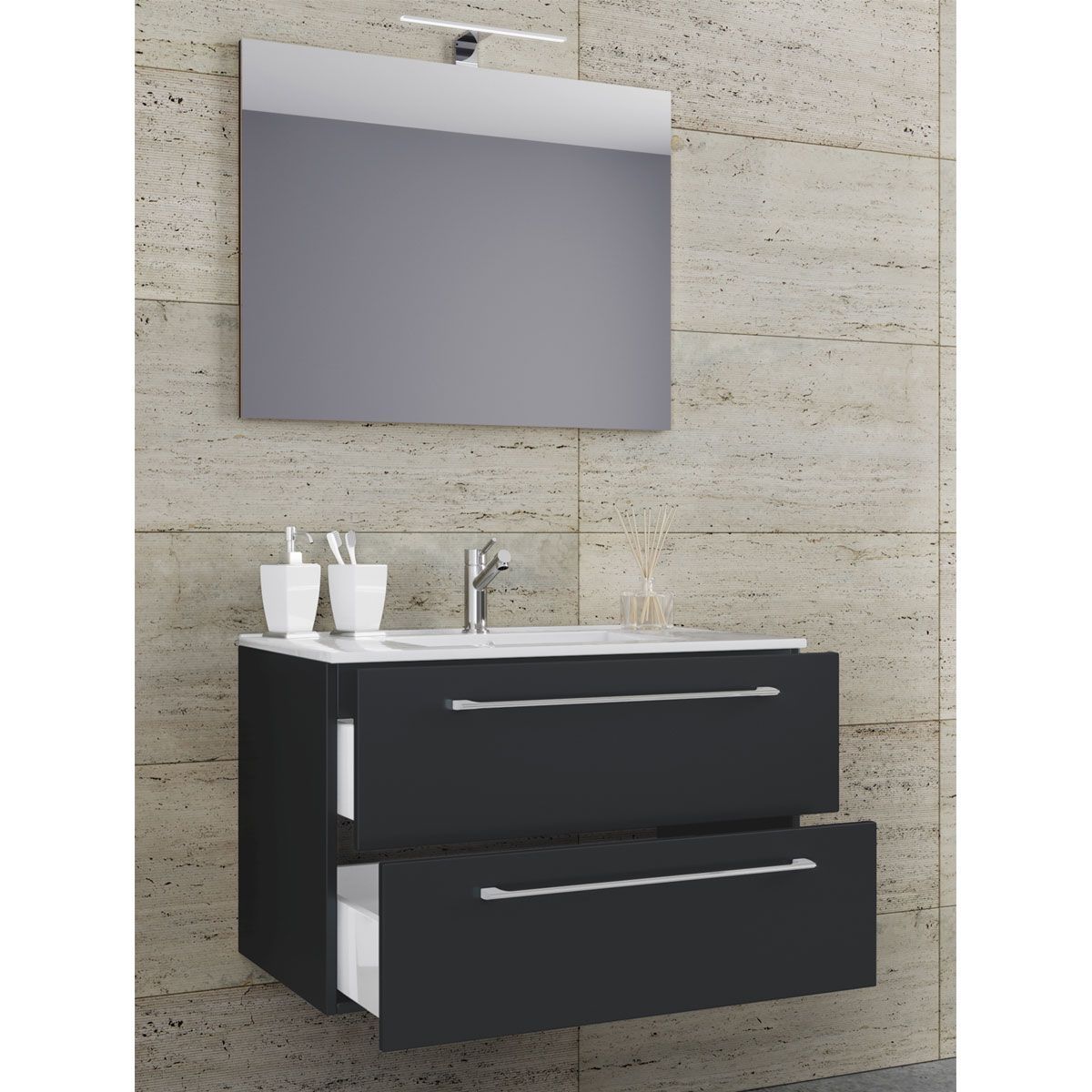 Waschplatz 80 cm 3-teilig 2 Schubfächer mit Spiegel schwarz Bild 2