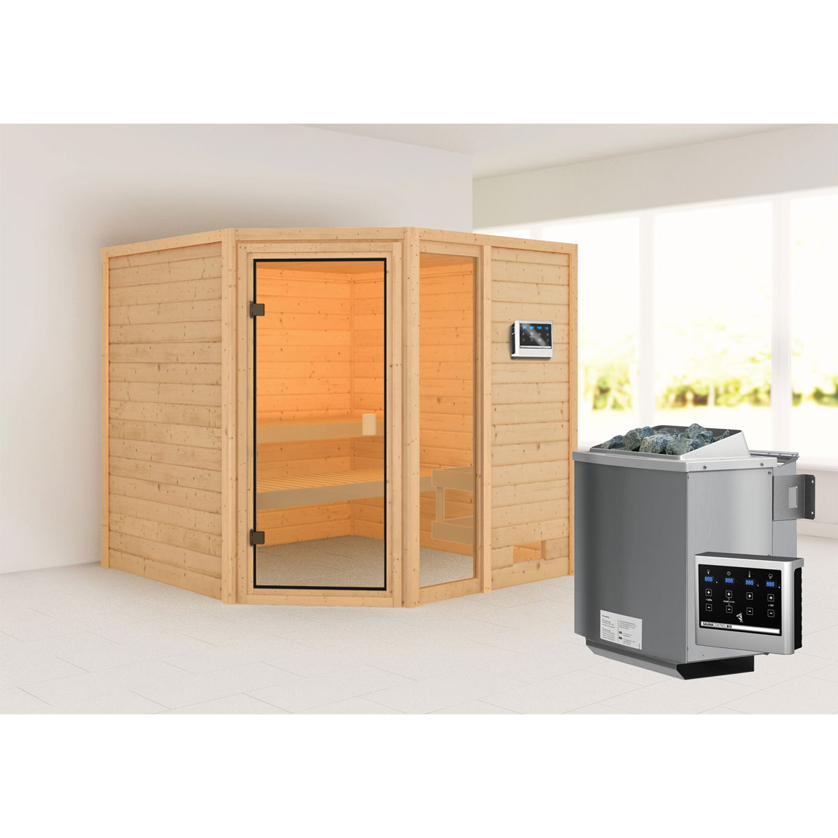 Karibu Sauna Tabea naturbelassen Bio externe Steuerung ohne Dachkranz