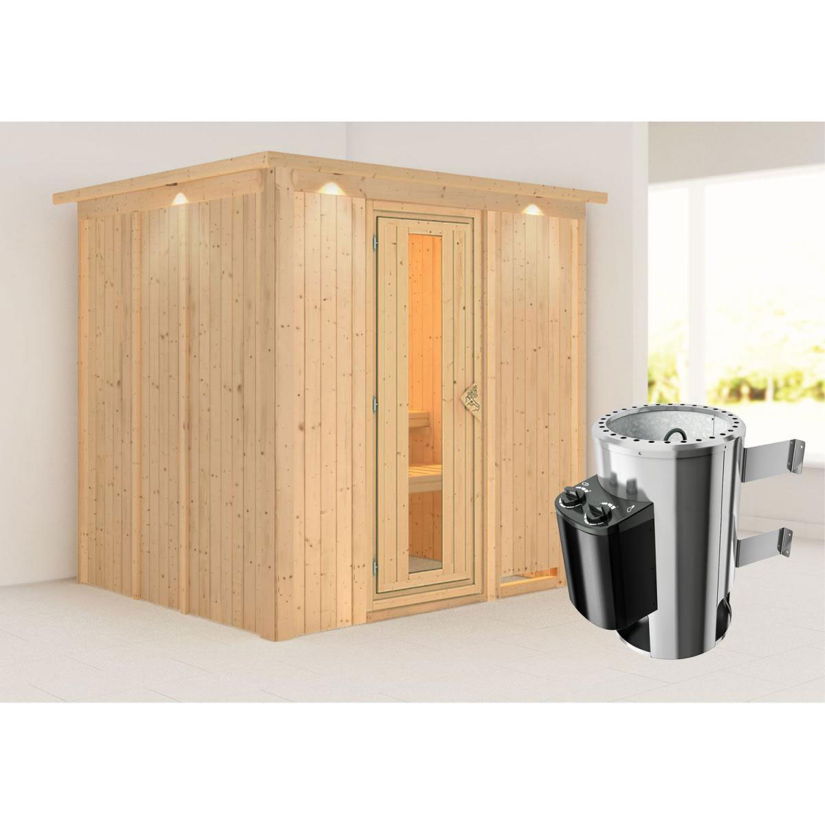 Karibu Sauna Daria Fronteinstieg 3,6 kW Ofen integr Strg mit Kranz Energiespartür Bild 7