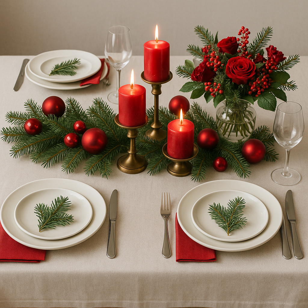 Weihnachtliche Tischdeko in Gün und Rot