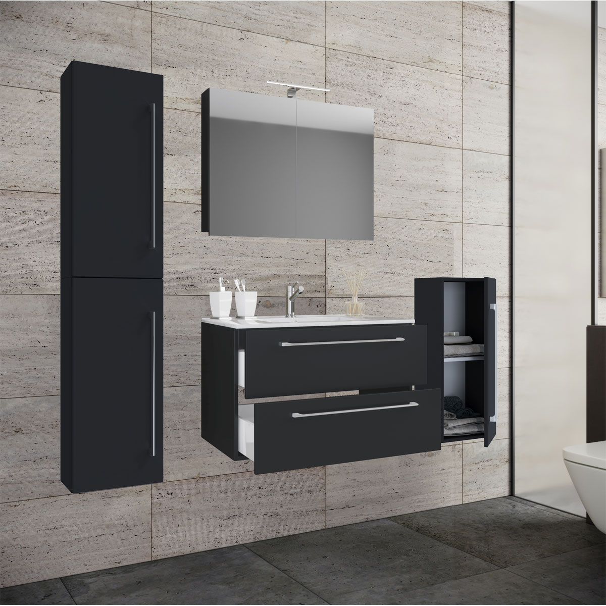 Waschplatz 80 cm 5-teiliges Set 2 Schubfächer mit Spiegelschrank schwarz