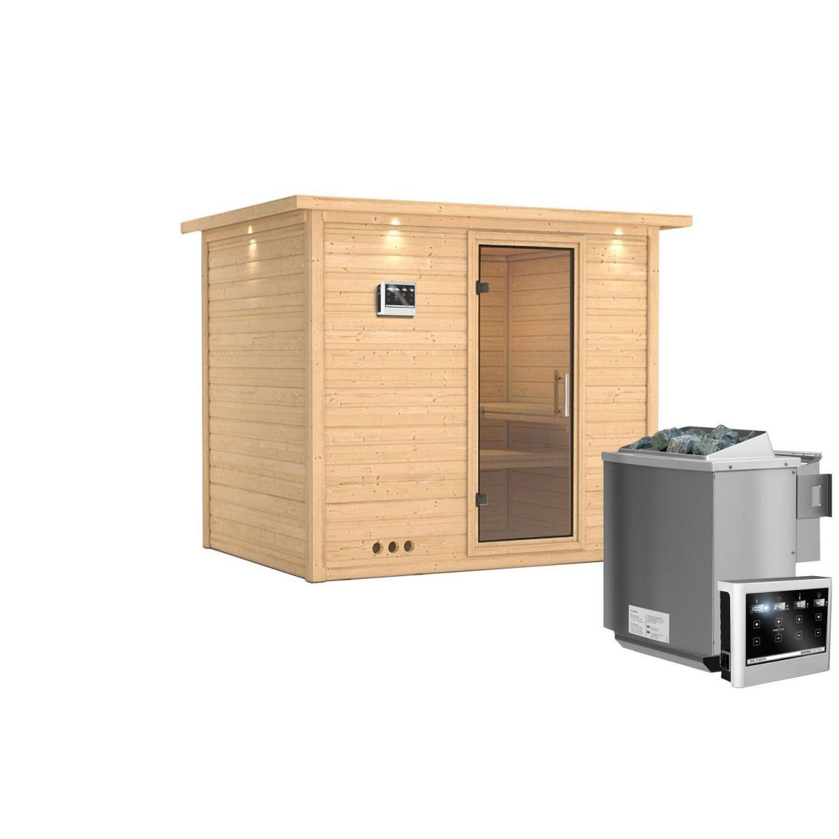Karibu Sauna Sonara Fronteinstieg 9kW Bio Ofen mit Kranz Klarglas-Tür Bild 1