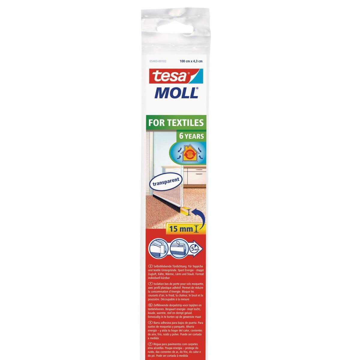 Tesa Türdichtschiene transparent für Textilböden für Spalten bis 15 mm 1mx43mm Bild 1