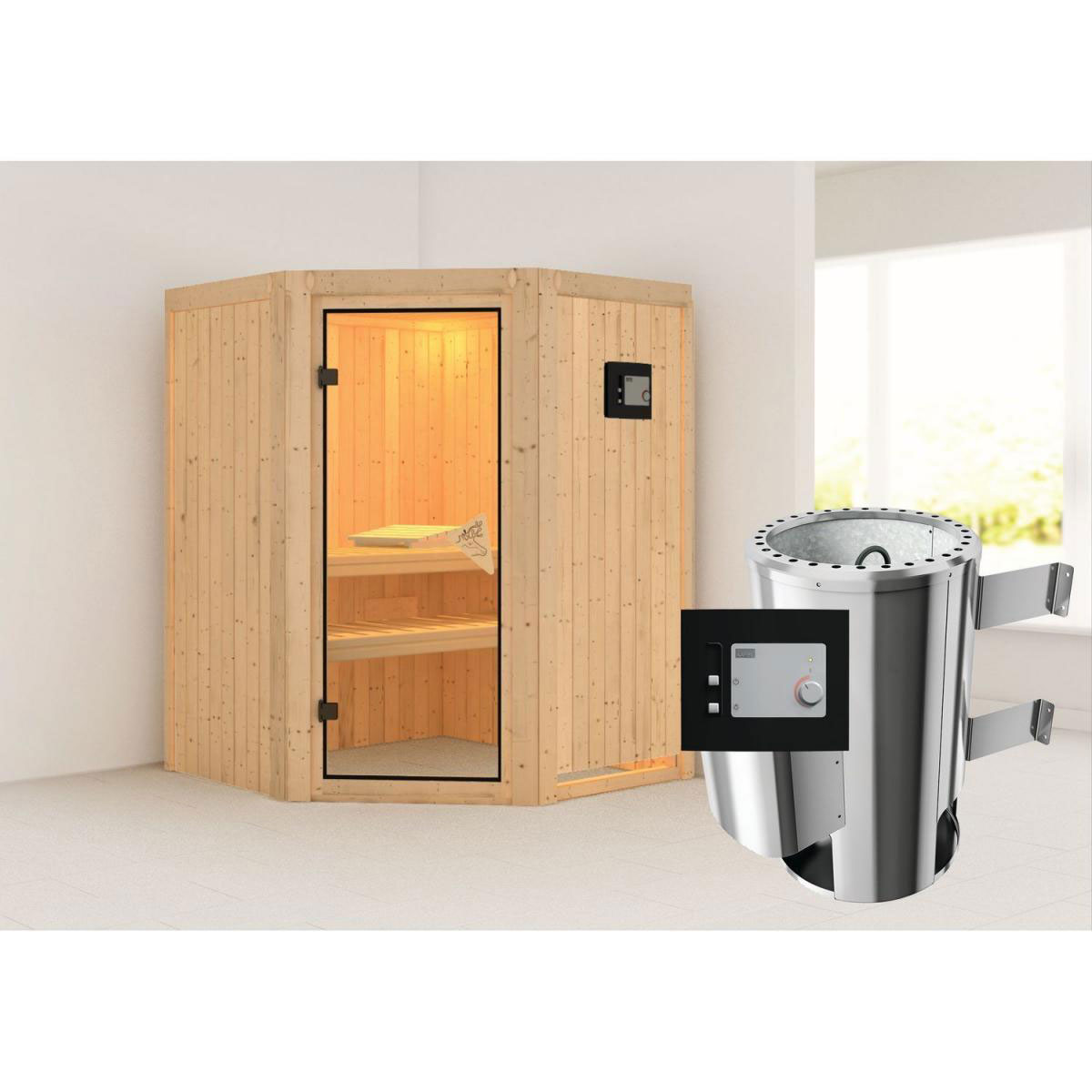 Karibu Systemsauna Nanja 68 mm 3,6 kW Ofen externe Strg modern ohne Kranz