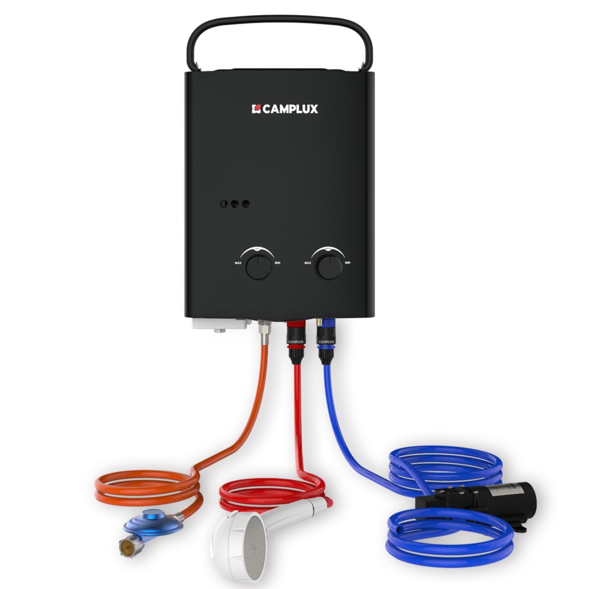 Camplux 5L Gas-Durchlauferhitzer mit 4,3L Wasserpumpe, schwarz, 50 mbar