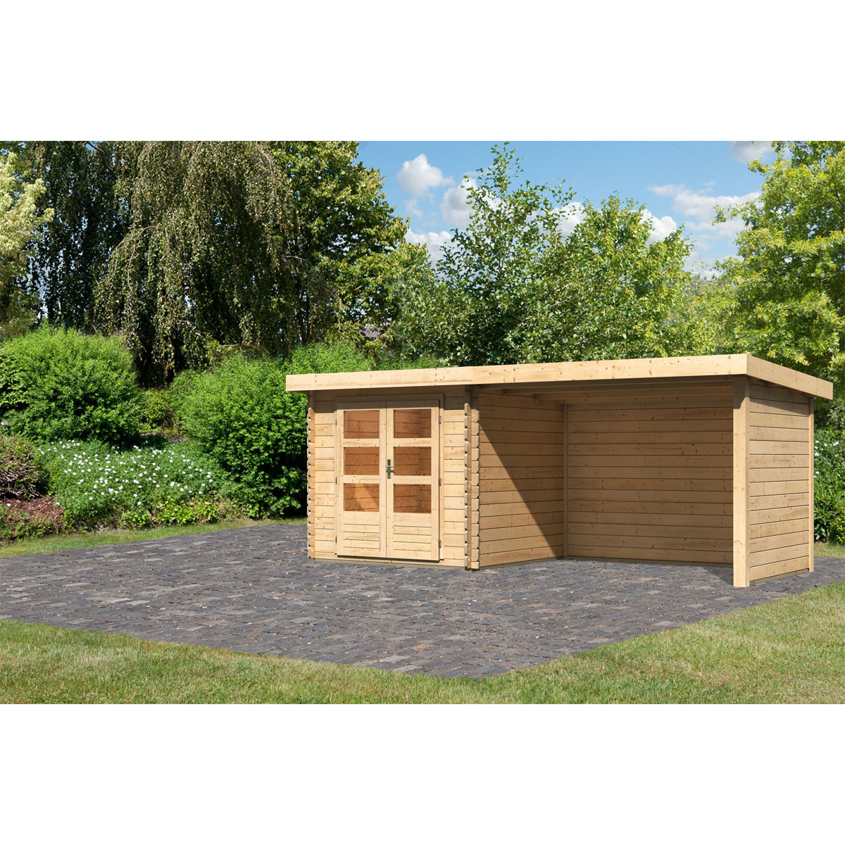 Karibu  Blockbohlenhaus Bastrup 2 naturbelassen mit Anbaudach und Seiten