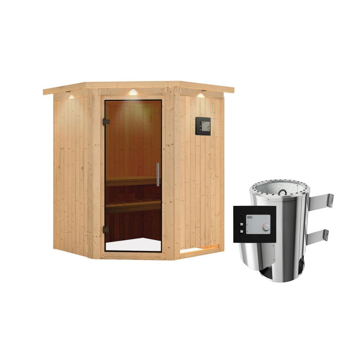 Karibu Sauna Nanja Eckeinstieg 3,6 kW Ofen externe Strg modern mit Kranz graphitfarbene Glastür Bild 1