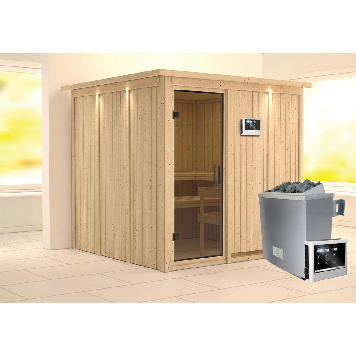 Karibu Sauna Rodin Fronteinstieg 9 kW Ofen externe Strg modern Tür graphit mit Kranz