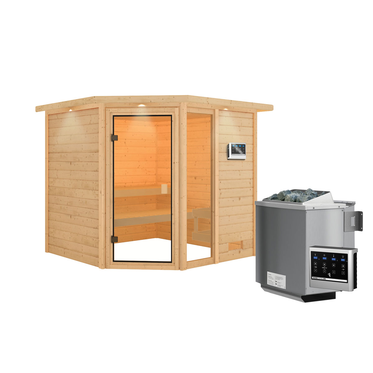 Karibu Sauna Tabea mit Kranz naturbelassen Bio externe Steuerung Bild 3