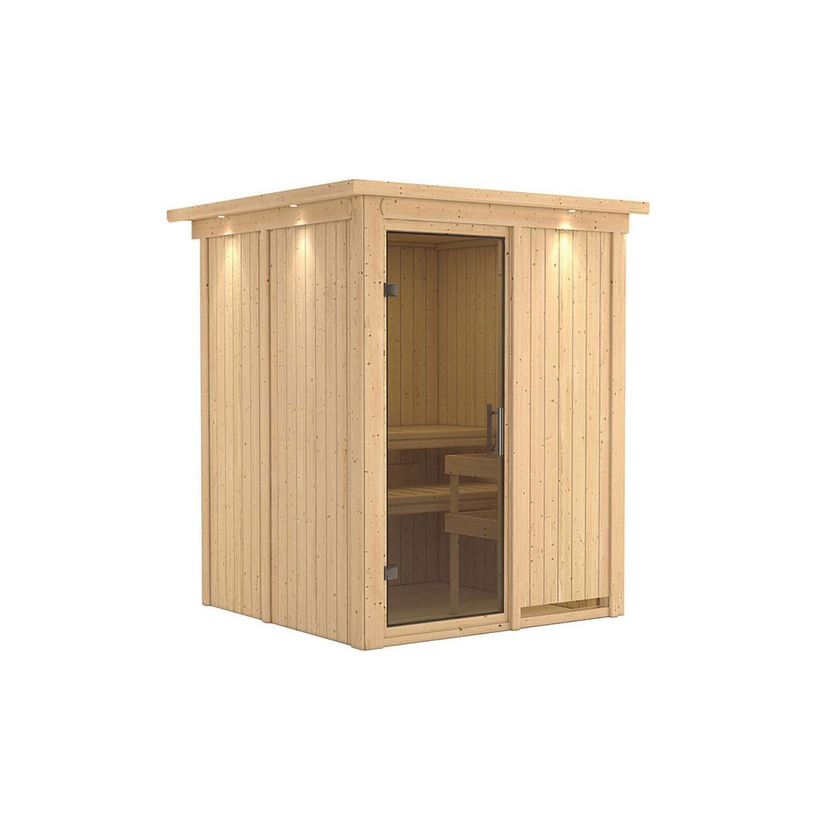 Karibu Sauna Minja Fronteinstieg ohne Ofen mit Kranz graphitfarbene Glastür Bild 2