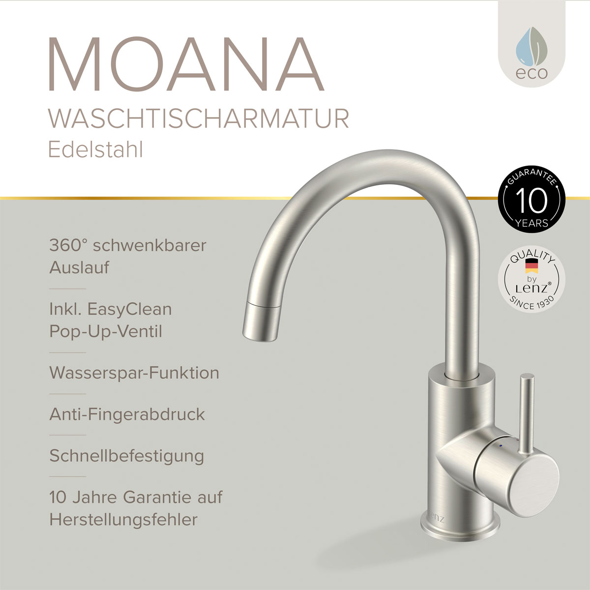 LENZ Waschtischarmatur Moana Easy-Clean Edelstahl Bild 3