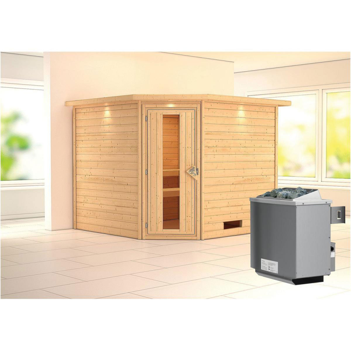 Karibu Sauna Leona Eckeinstieg 9 kW Ofen integr Strg mit Kranz Energiespartür Bild 6