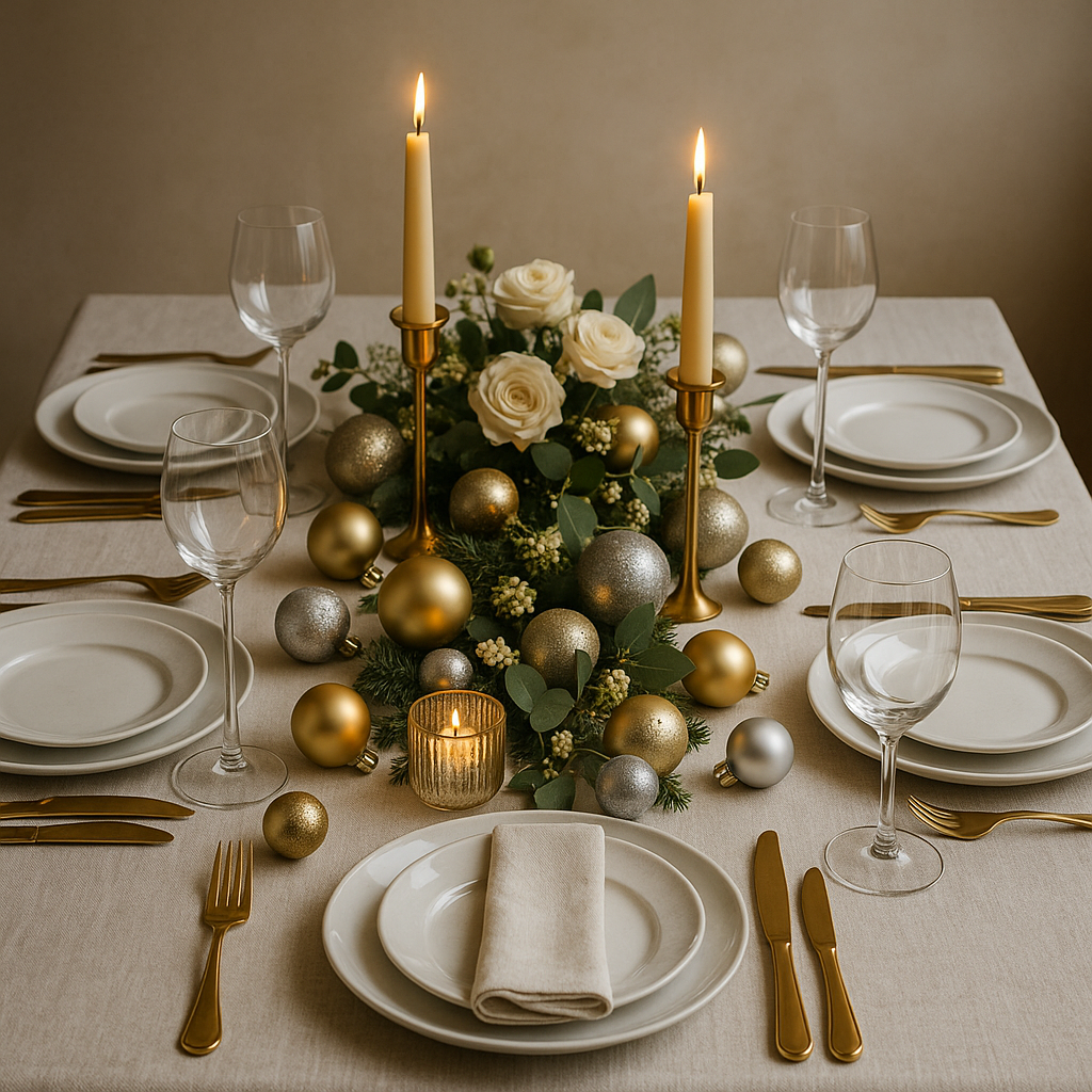 Weihnachtliche Tischdeko in Gold und Silber