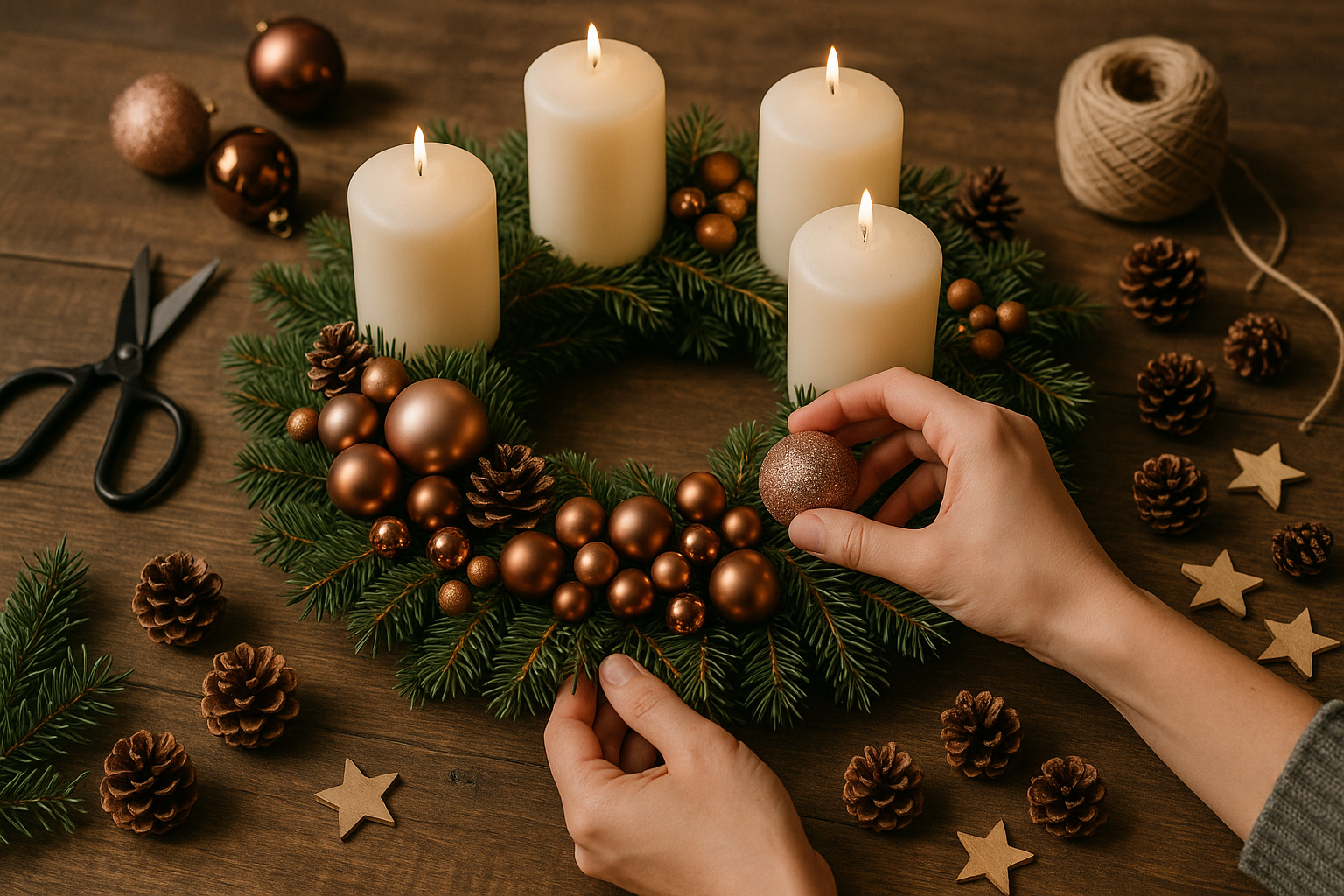 Adventskranz dekorieren mit Kugeln und Kerzen