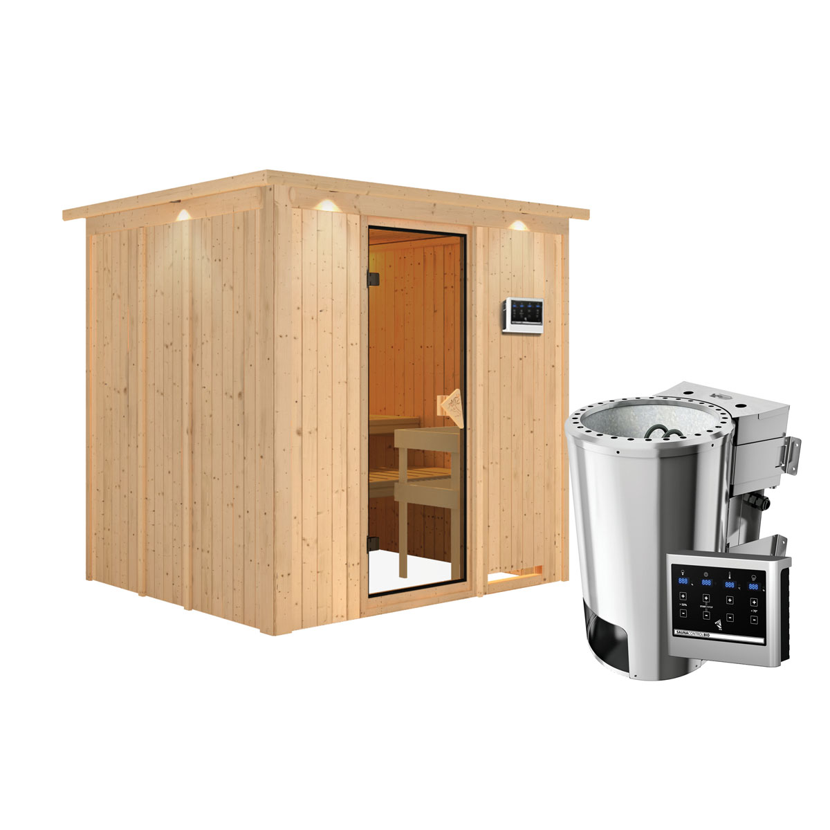 Karibu Systemsauna Daria 68 mm 3,6 kW Ofen Bio externe Strg mit Dachkranz Bild 3