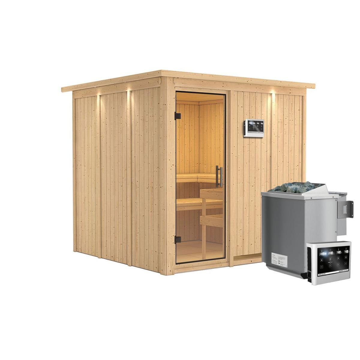 Karibu Sauna Rodin Fronteinstieg 9kW Bio Ofen mit Kranz Klarglas-Tür Bild 1
