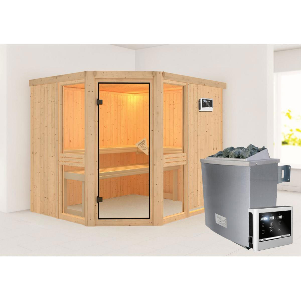 Karibu Amelia 3 Eckeinstieg 9 kW Ofen externe Strg modern ohne Kranz