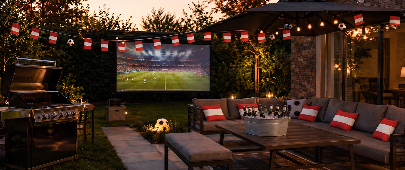 Gartenparty zur Fußball-WM mit Deko, Grill, Leinwand, Gartenlounge