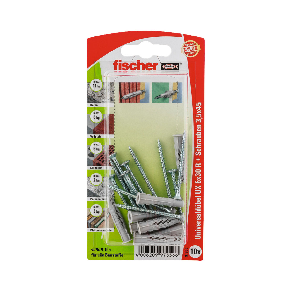 Fischer  Universaldübel UX 5 x 30 mm mit Rand und Schraube 10 Stück