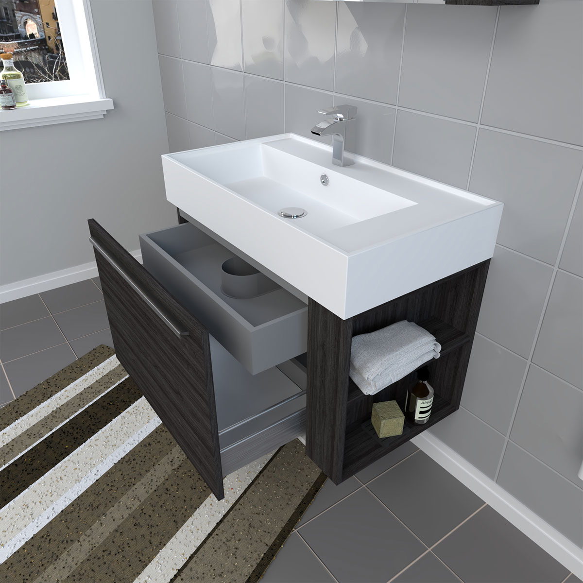 Progetto Idea Stella Badmöbel DOMUS 80 Ulme onyx mit Spiegelschrank und Lampe Bild 5