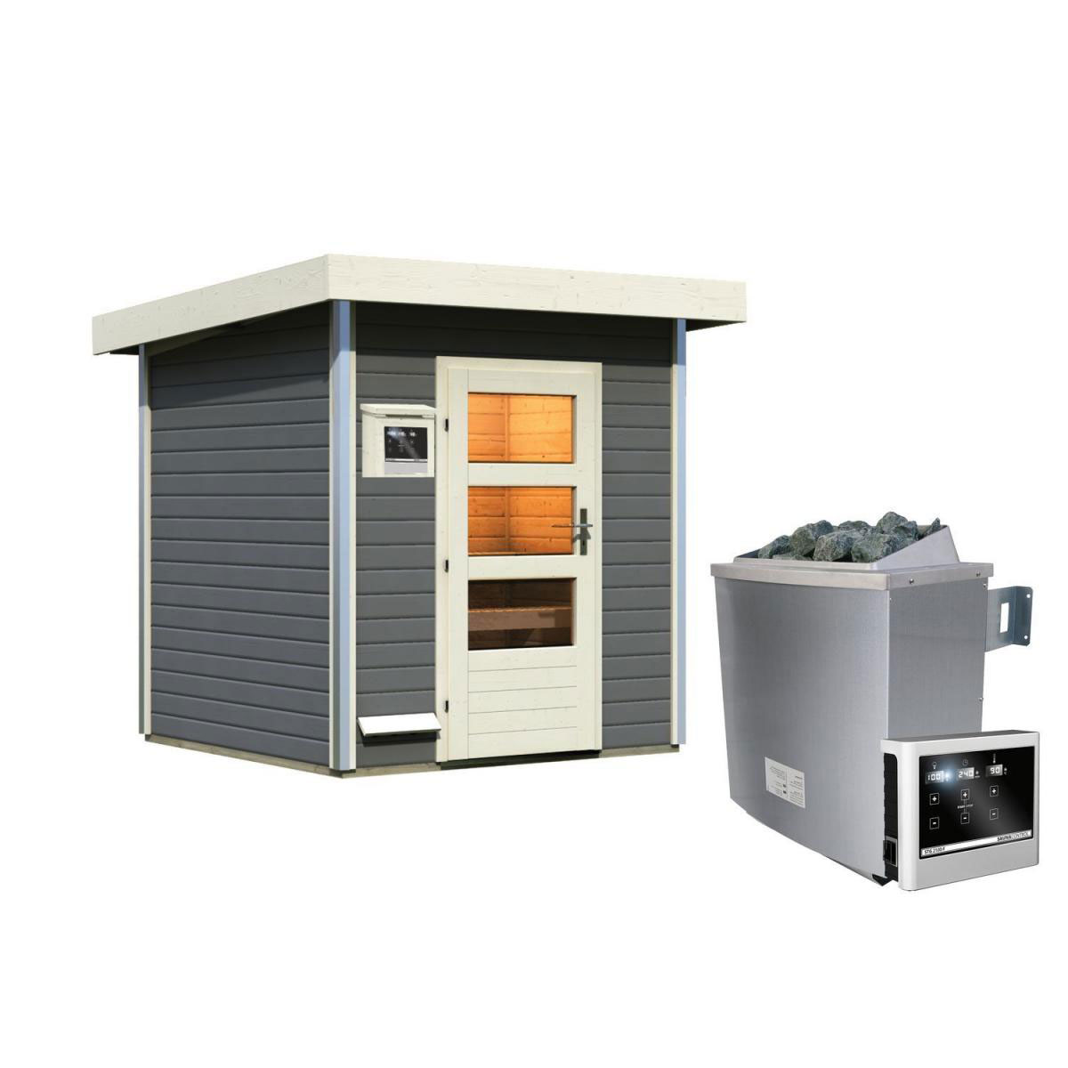 Karibu Saunahaus Torge 38 mm 9 kW Ofen externe Strg moderne Tür terragrau Bild 1