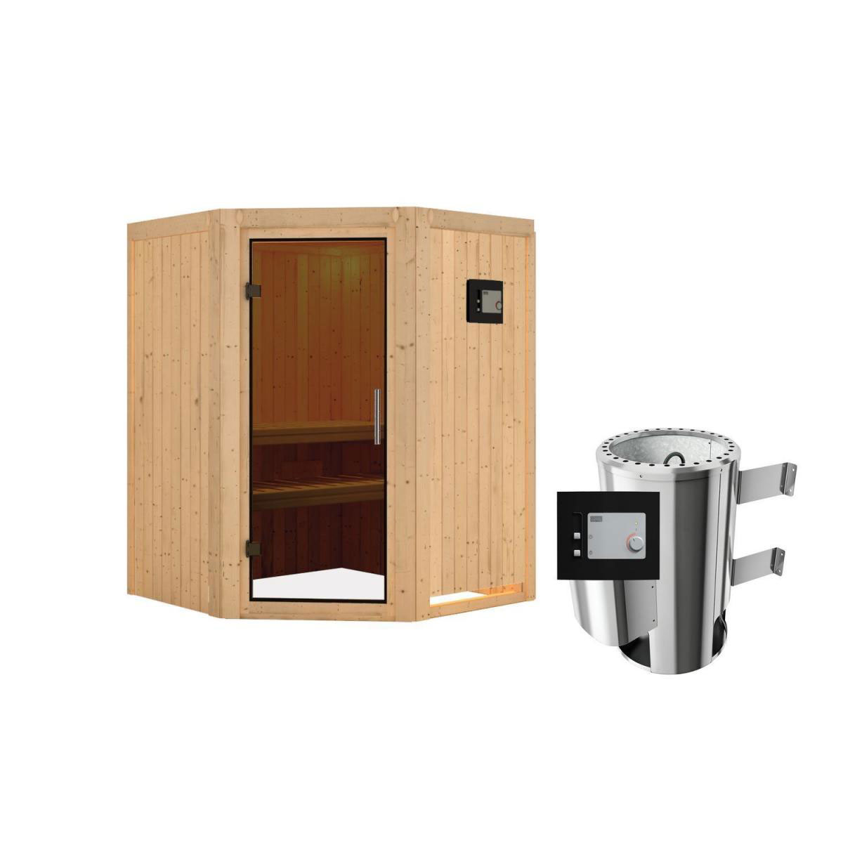 Karibu Sauna Nanja Eckeinstieg 3,6 kW Ofen externe Strg modern kein Kranz Energiespartür Bild 1