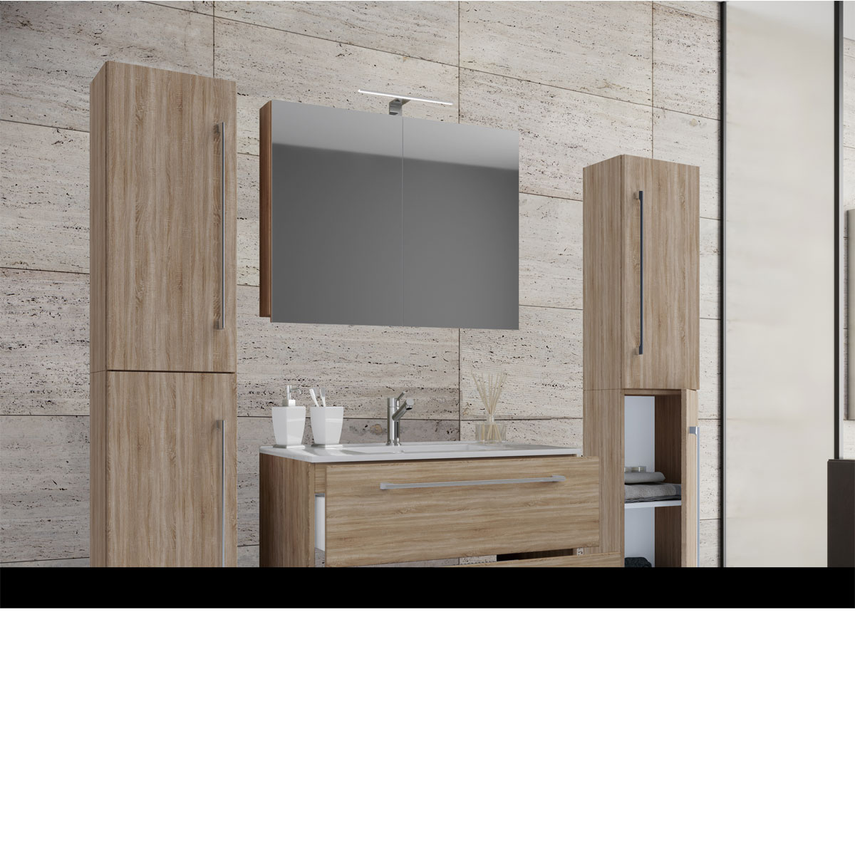 Germany product data sample: Waschplatz 80 cm 5-teiliges Set 2 Schubfächer mit Spiegelschrank Sonoma-Eiche