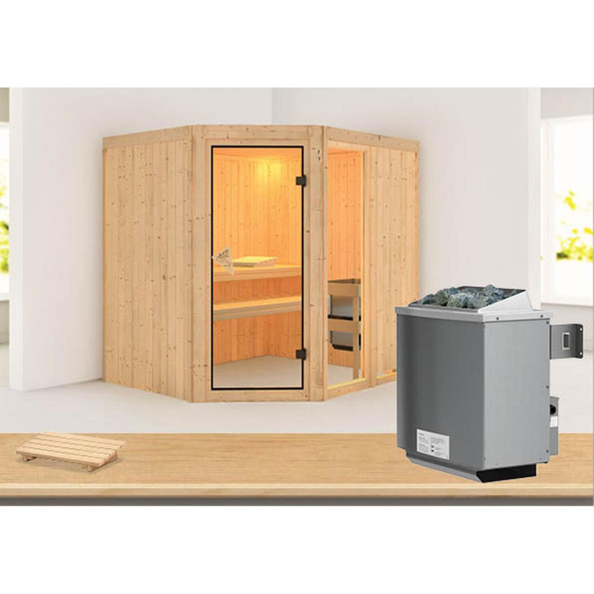 Karibu Systemsauna Fiona 2 68 mm 9 kW Ofen integr Strg ohne Dachkranz Bild 1