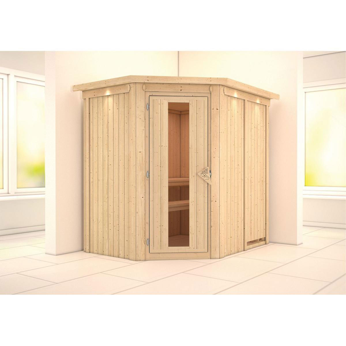 Karibu Sauna Saja Eckeinstieg ohne Ofen mit Kranz Energiespartür Bild 7
